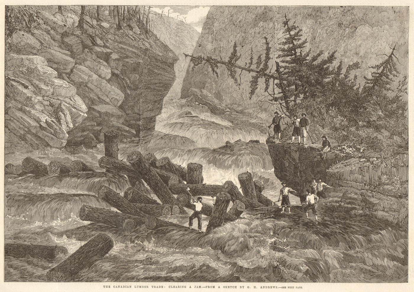 The Canadian lumber trade: clearing a jam - from a sketch by G. H. Andrews 1863
